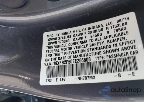 2014 Honda Civic Lx z USA, uszkodzony, nr VIN 19XFB2F50EE256608